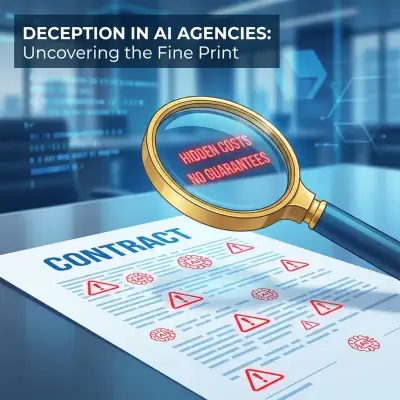 Lente d'ingrandimento che rivela bugie nascoste in un contratto con icone di avvertimento e simboli IA