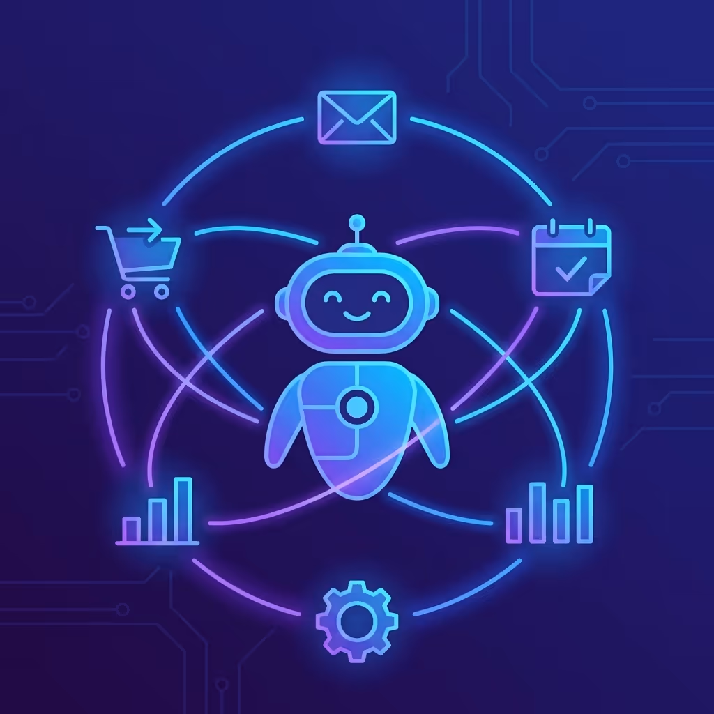 Autonomer KI-Roboter umgeben von Automatisierungsaufgaben-Icons wie E-Mails, Einkaufswagen, Kalender und Analysen
