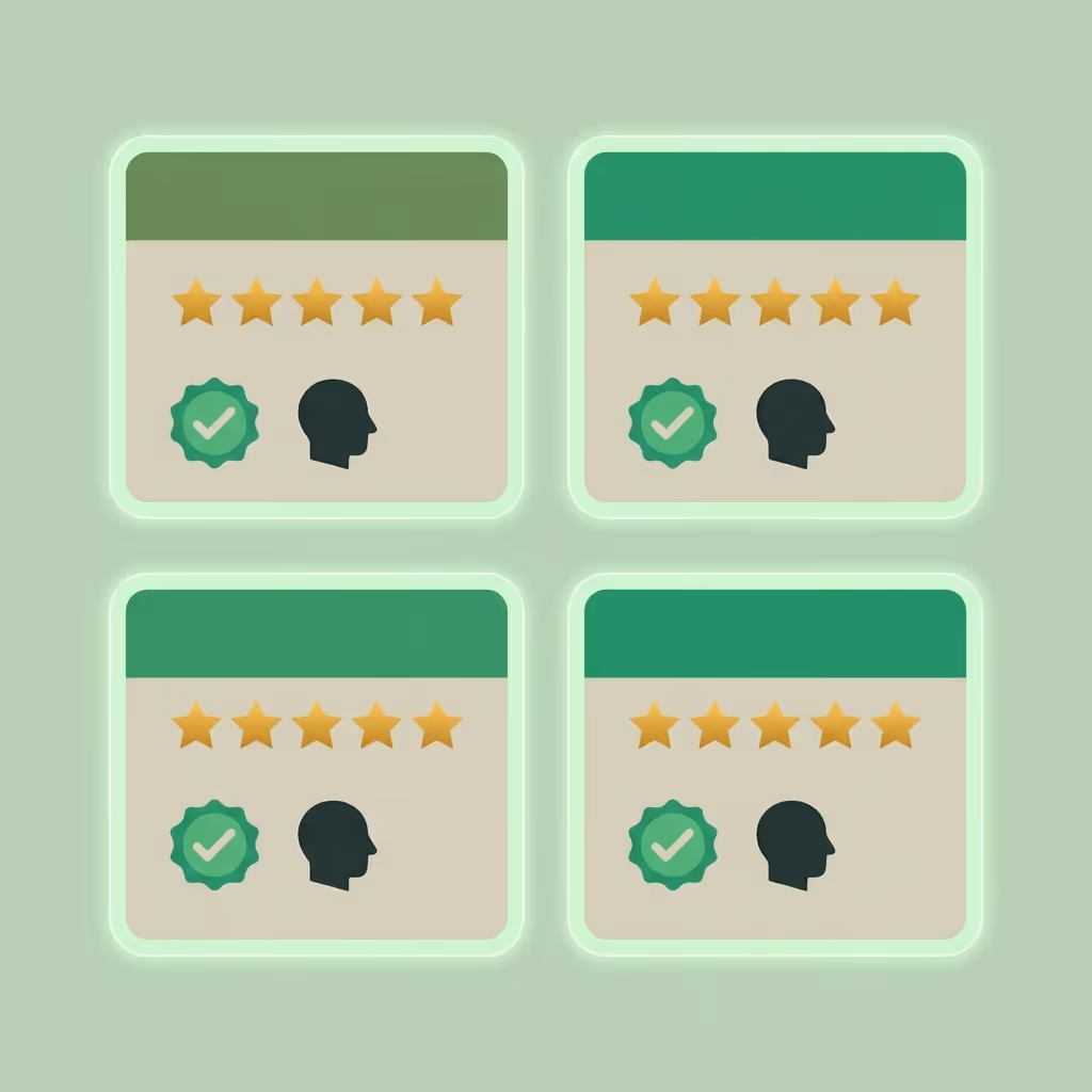 Cartes de témoignages clients avec notes étoiles, badges vérifiés, bulles feedback authentique