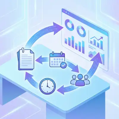 Workflow cabinet conseil avec documents, calendrier, horloge et icônes d'équipe connectés par flèches