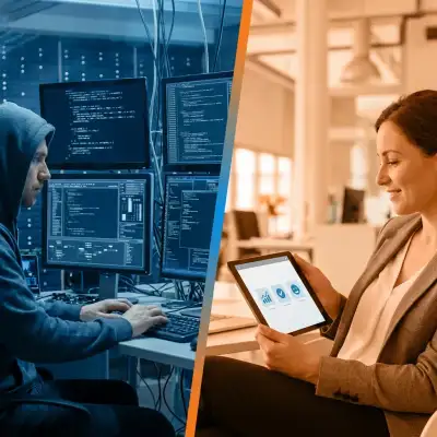 Sviluppatore con codice a sinistra, utente business con interfaccia semplice a destra