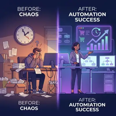 Visualizzazione automazione e-commerce con carrello connesso a magazzino, pacchi e camion di consegna