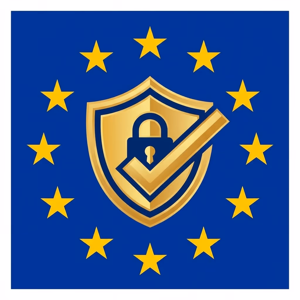 European Union flag with GDPR privacy shield, data protection padlock, EU stars, compliance checkmark