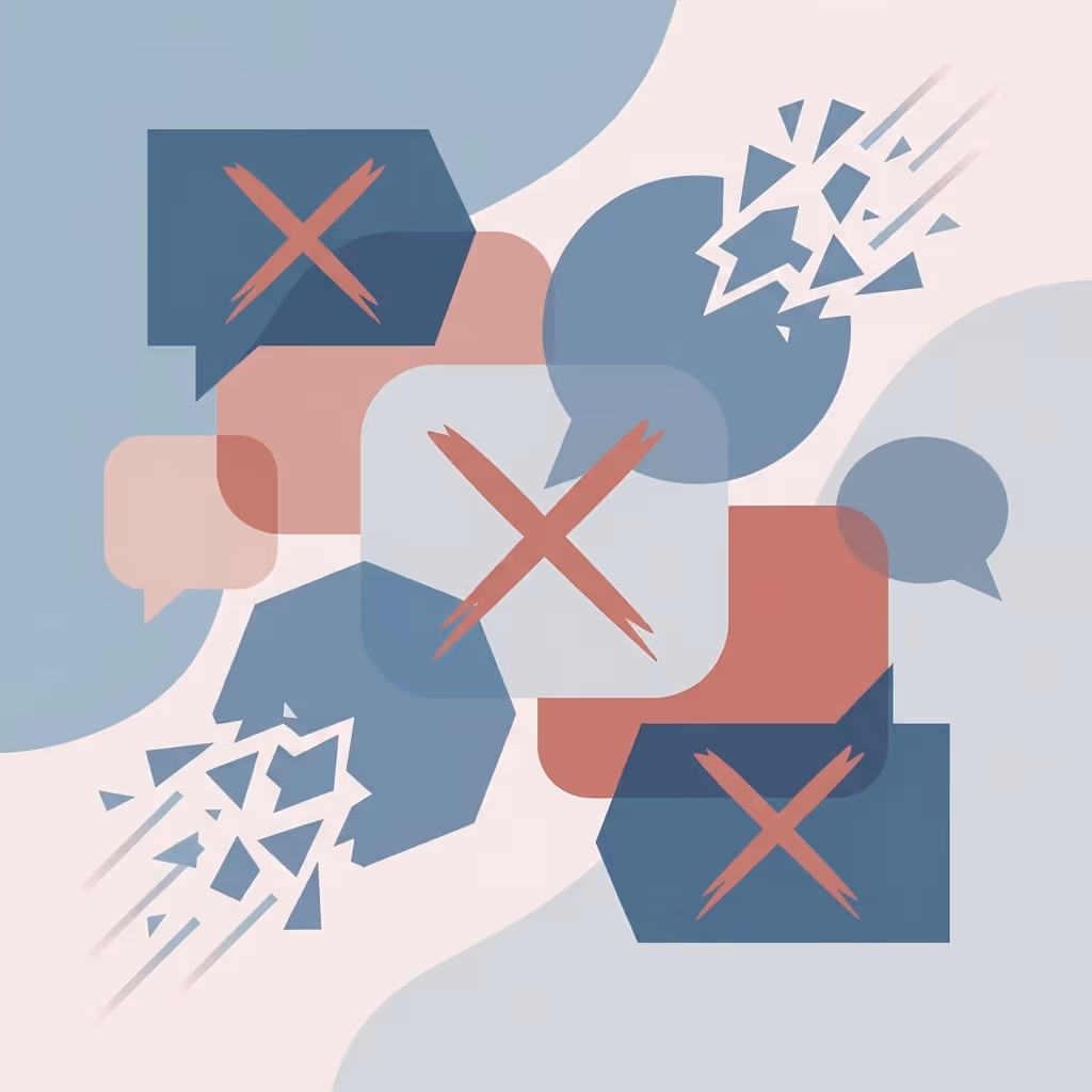 Visualizzazione di false promesse con bolle di discorso barrate, icone promesse infrante