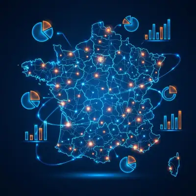 Mapa de España con puntos de datos estadísticos, indicadores de porcentaje, marcadores regionales