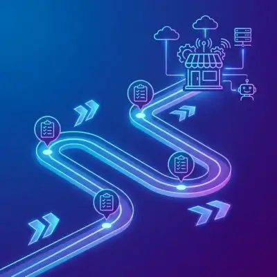 Chemin de roadmap avec jalons illustrant les étapes d'automatisation pour PME avec connexions cloud et robot