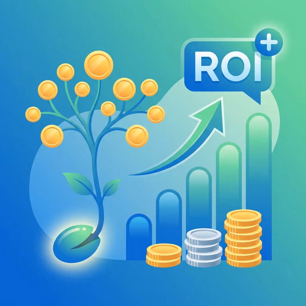 Finanzwachstumsbaum mit steigenden Graphen und gestapelten Münzen für ROI