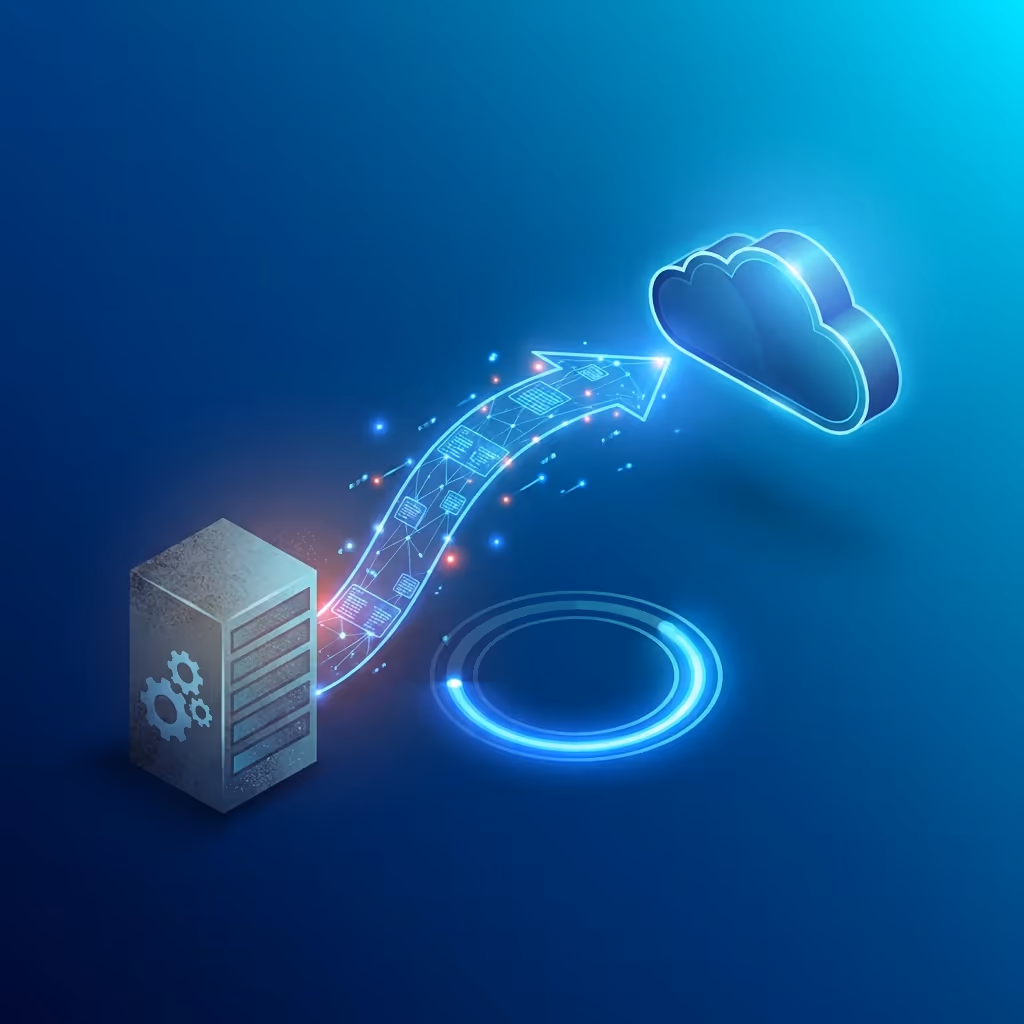 Visualisation migration avec flèche passant d'ancien système vers nouveau, animation transfert données, indicateur progression