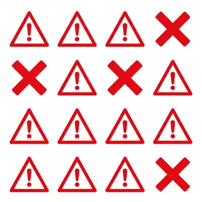 Griglia di triangoli di avviso rossi e X come svantaggi, icone attenzione