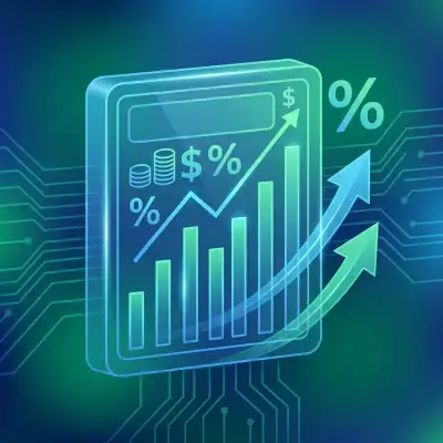 Interface abstraite de calculateur ROI avec graphiques de croissance, symboles de pourcentage et flèches ascendantes illustrant l'évolution des économies