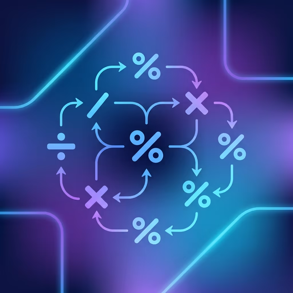 Visualisation abstraite de la formule ROI avec symboles mathématiques, pourcentages et flèches de calcul interconnectées
