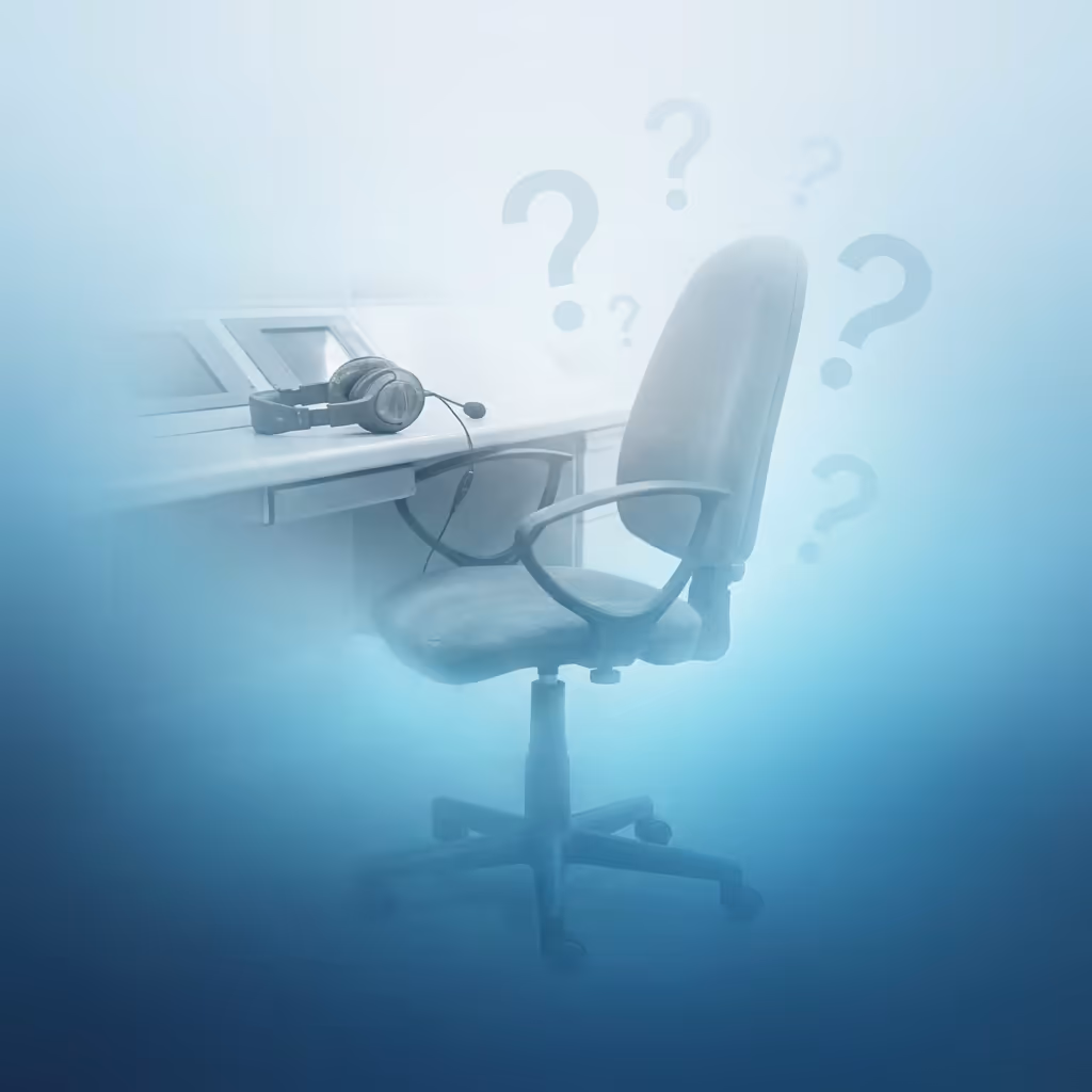 Supporto che svanisce con icona helpdesk fantasma, ticket abbandonato, sedia vuota
