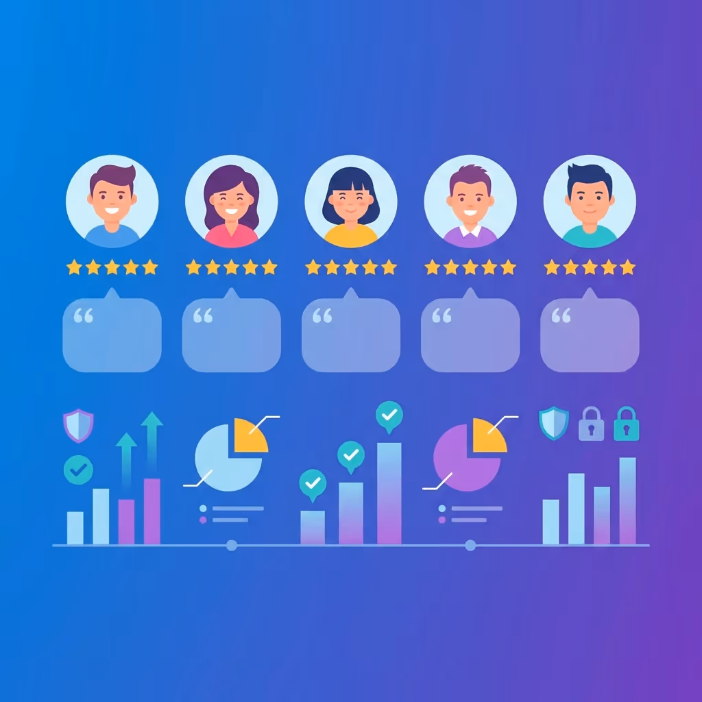 Collage di testimonianze clienti felici con valutazioni 5 stelle