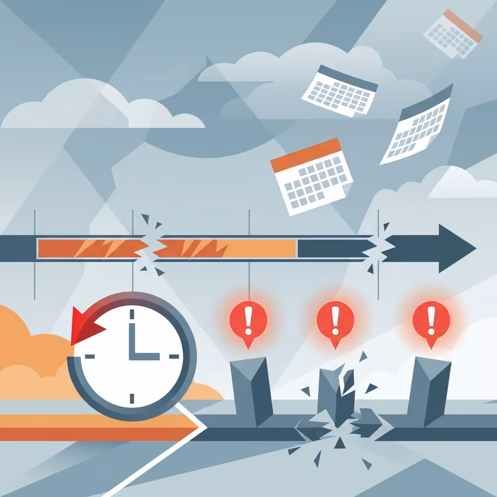 Timeline di progetto rotta con ritardi, barre estese, marcatori di scadenze mancate