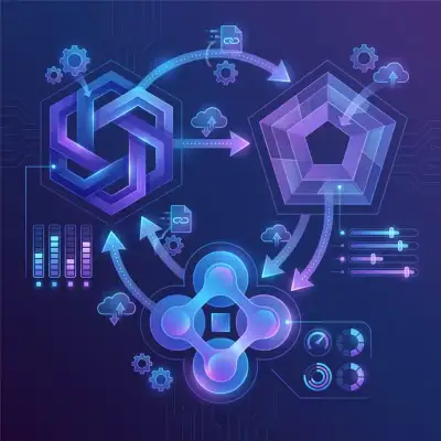 Tres plataformas de automatización representadas por formas geométricas con flechas de workflow y barras de comparación