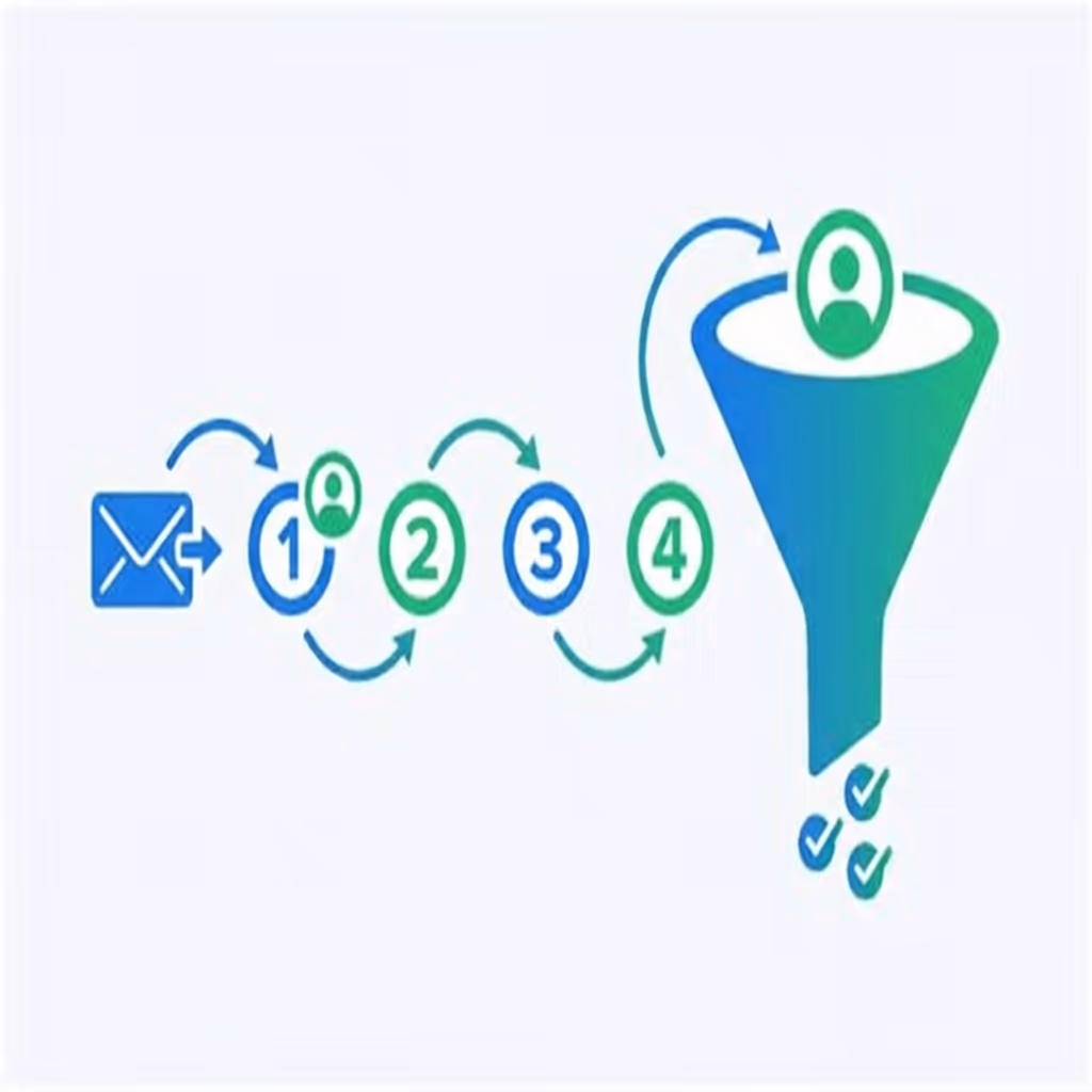 Sequenza di onboarding con icone email, passaggi numerati 1-2-3-4